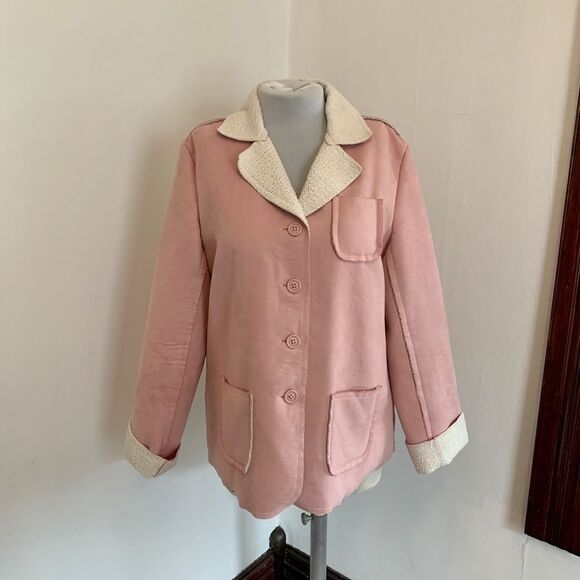 VTG Pink Teddy Shearling Jacket Coat Faux Fur Leather Suede Boho Western Soft L - Picture 1 of 16